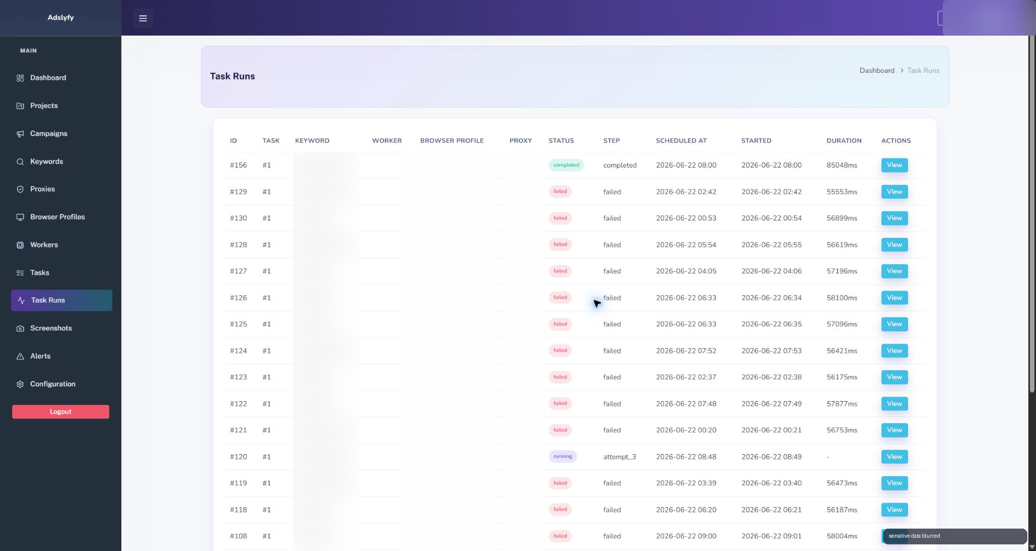 vista saneada de task runs en Adslyfy